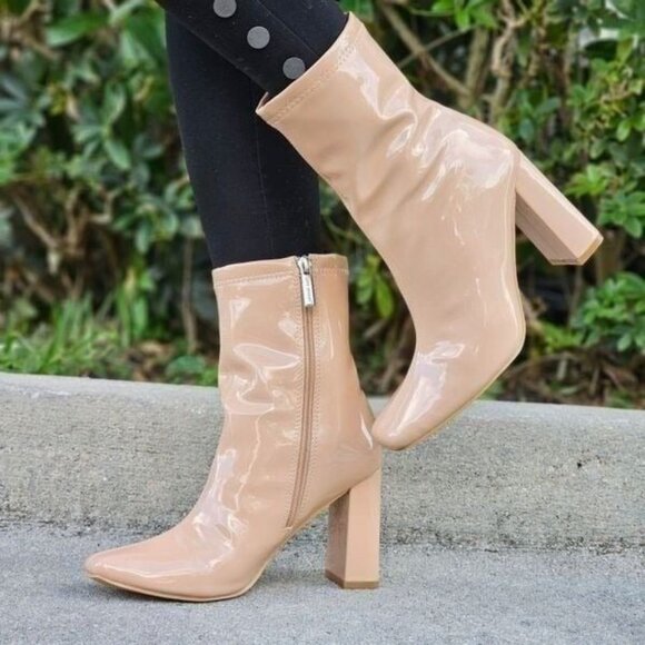 Women's Nude Chunky Heel Ankle Booties - Picture 4 of 5